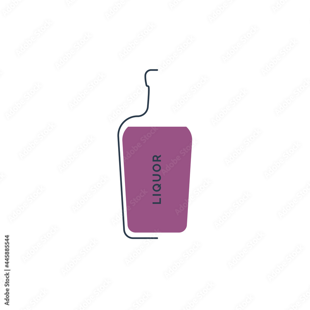 Bottle liquor in linear style on white background. Black thin outline in the form of a contour shadow and red fill. Modern flat style graphic design. Logo element illustration. Circuit drink symbol