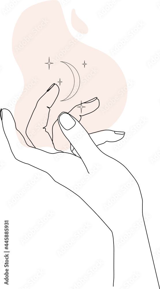 Stars and moon in the hand. Line art concept of magic symbol. Linear mystical hand with abstract shape. Hand drawn esoteric element. Vector illustration on white background Stars and moon in the hand. Line art concept of magic symbol. Linear mystical hand with abstract shape. Hand drawn esoteric element. Vector illustration on white background