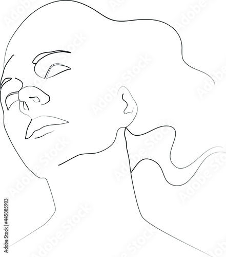 Trendy line art woman face, vector linear illustration. Beautiful outline portrait of woman on white background. Abstract feminine single line concept logo, sublimation, avatar, stickers for nail etc (ID: 445885903)
