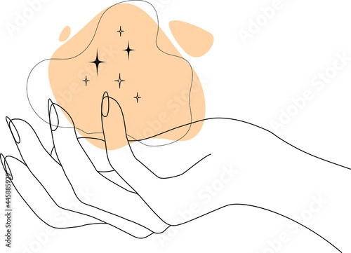 Stars in the hand outline symbol. Esoteric line art mystical hand with abstract shape. Hand drawn magic element. Vector illustration on white background  (ID: 445885929)