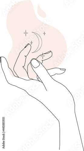 Stars and moon in the hand. Line art concept of magic symbol. Linear mystical hand with abstract shape. Hand drawn esoteric element. Vector illustration on white background (ID: 445885931)