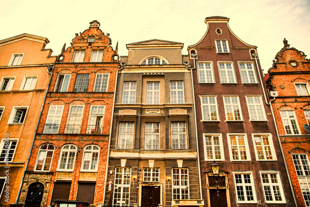Facades of old buildings in center of Gdansk.