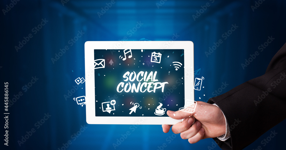 Person holding tablet, social network concept Person holding tablet, social network concept