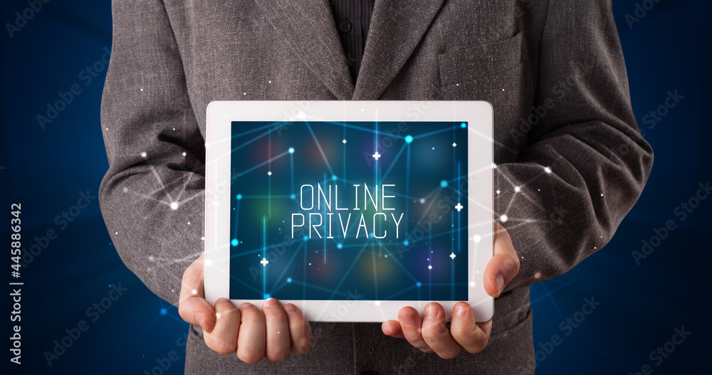 Person holding tablet, security concept