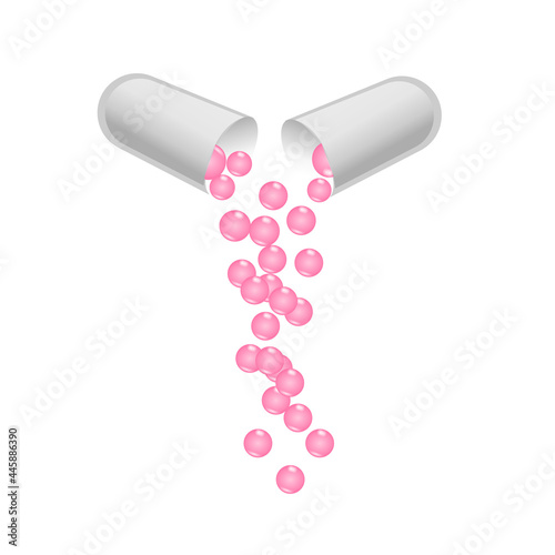 pink round granules fall out of the white capsule. Image of vitamins, tablets, minerals, on a white background