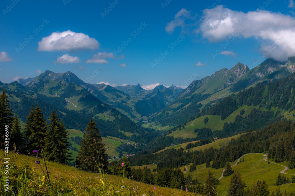 Landscape view of the Swiss Alpes from the Kaiseregg and Luchere Mountains, Shot in Jaun area, Fribourg, Switzerland