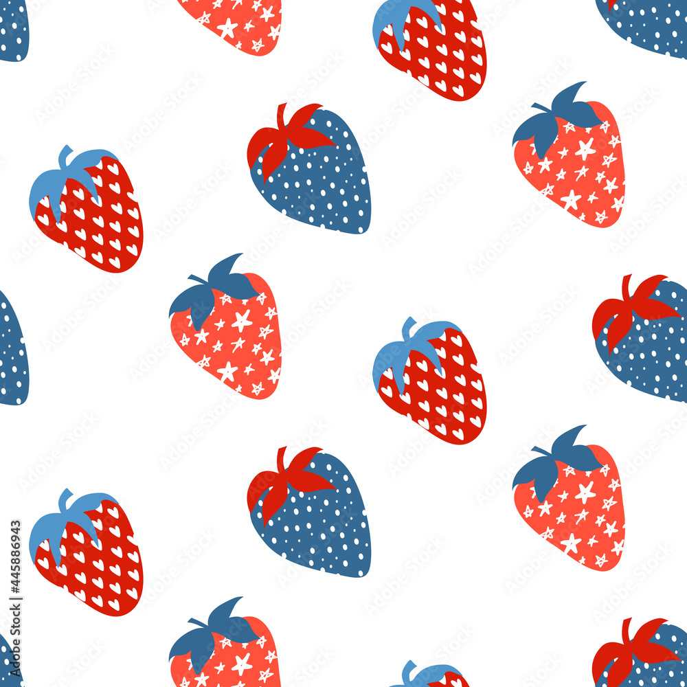 Strawberry seamless modern pattern, blue and red berries with hand drawn hearts, stars, dots. Food illustration. Textile kitchen pattern. Packaging paper Strawberry seamless modern pattern, blue and red berries with hand drawn hearts, stars, dots. Food illustration. Textile kitchen pattern. Packaging paper