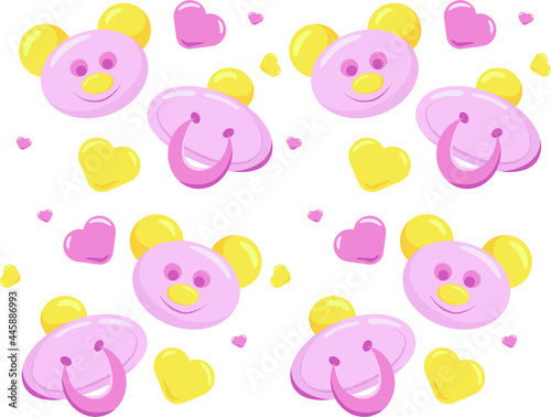 Vector baby pattern with pacifier and teddy bear toy for newborn girl