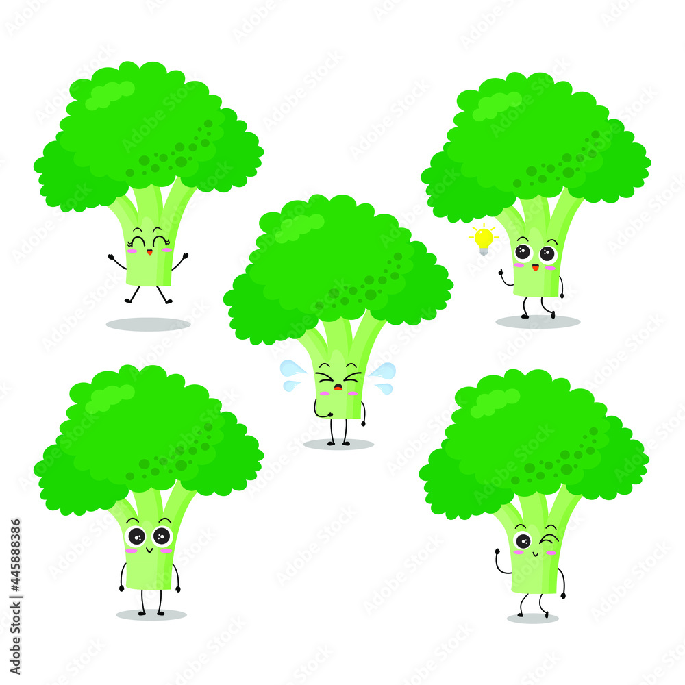 Vector illustration of green broccoli character with various cute expression, funny, plant, tree, isolated on white background, vegetable for mascot collection, emoticon kawaii, happy, smile