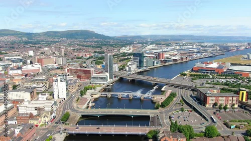 Aerial view on river and buildings in City center of Belfast Northern Ireland. Drone photo, high angle view of town