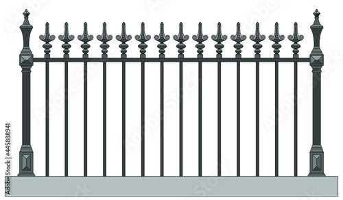 Classic Iron Fence With Metal Pillars. Ancient Wrought Iron Fence. Medieval Fence. Urban Design. Decor. Vintage. Luxury Modern Architecture. Castle. City. Street. Park. Blacksmithing. Isolated. Vector