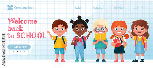 Welcome back to school banner with cute multinational kids. Vector illustration in cartoon 3d style