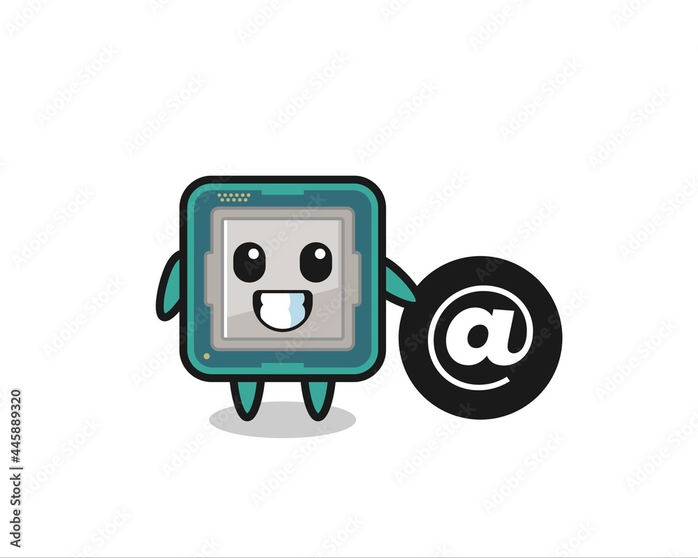 Cartoon Illustration of processor standing beside the At symbol Cartoon Illustration of processor standing beside the At symbol