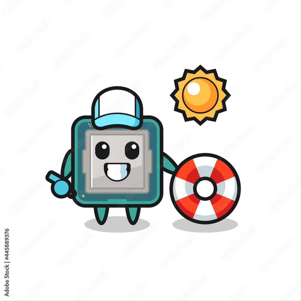 Cartoon mascot of processor as a beach guard Cartoon mascot of processor as a beach guard