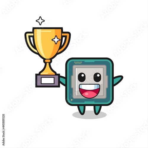 Cartoon Illustration of processor is happy holding up the golden trophy