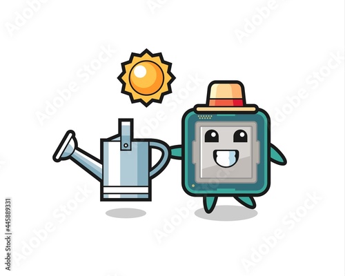 Cartoon character of processor holding watering can