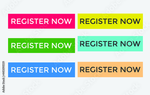 colorful register now text web button, set of register now sign icon for web site