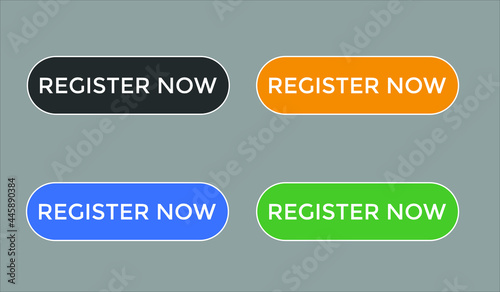 colorful register now text web button, set of register now sign icon for web site