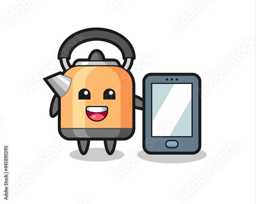 kettle illustration cartoon holding a smartphone