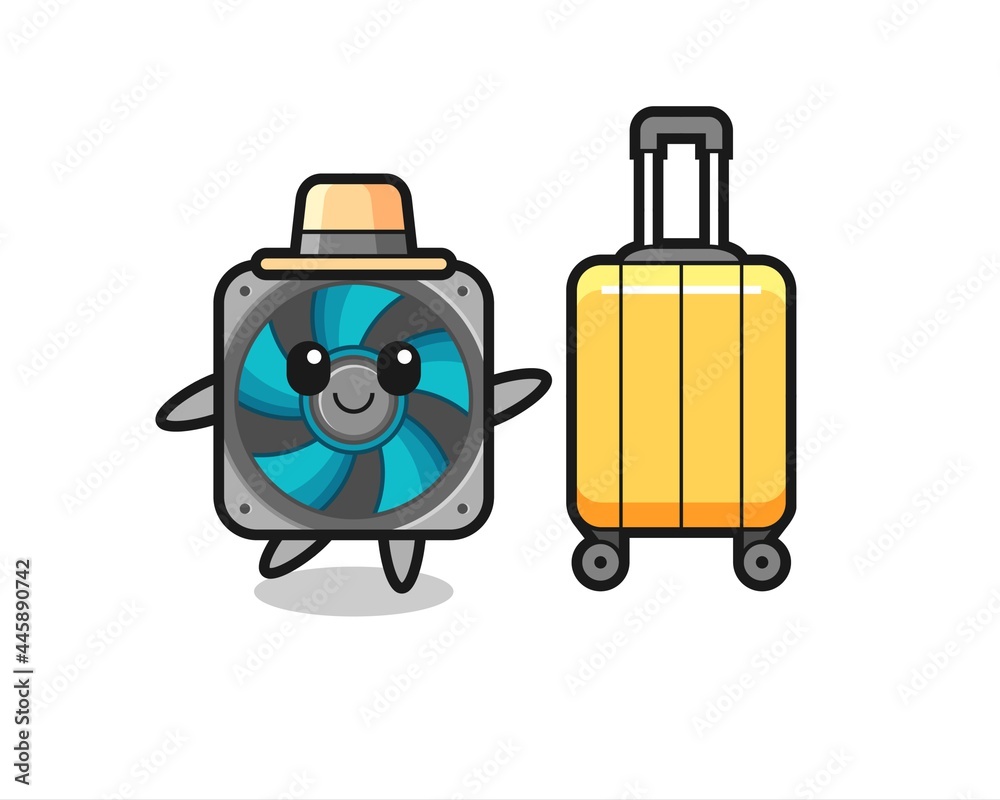 computer fan cartoon illustration with luggage on vacation