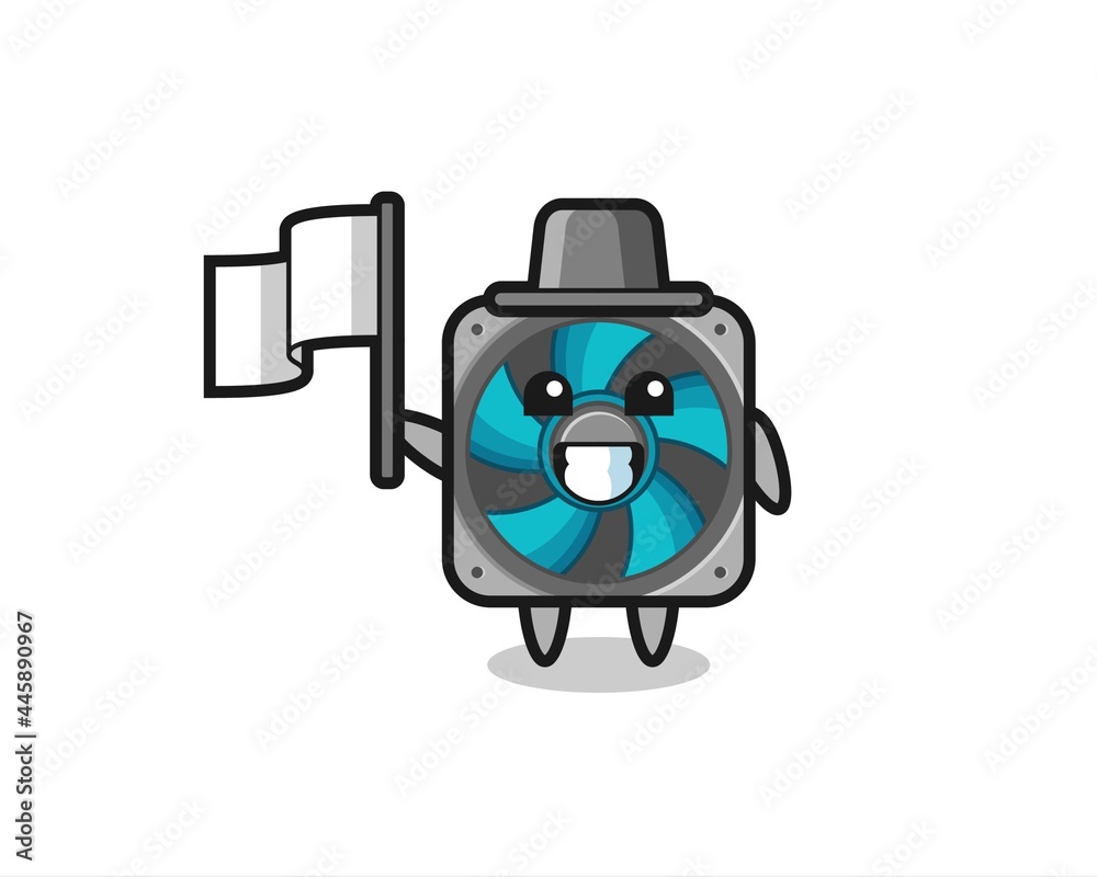 Cartoon character of computer fan holding a flag Cartoon character of computer fan holding a flag
