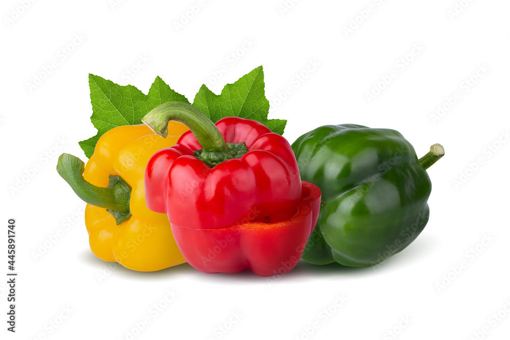 Red sweet pepper Green sweet pepper and Yellow sweet pepper isolated on white background Red sweet pepper Green sweet pepper and Yellow sweet pepper isolated on white background