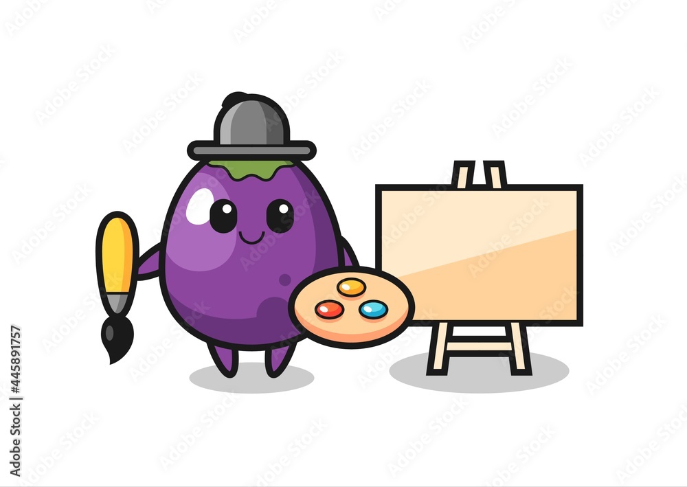 Illustration of eggplant mascot as a painter