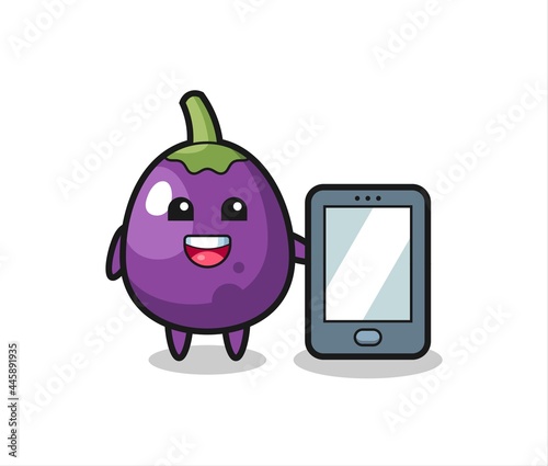 eggplant illustration cartoon holding a smartphone