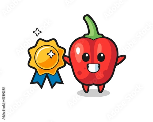 red bell pepper mascot illustration holding a golden badge