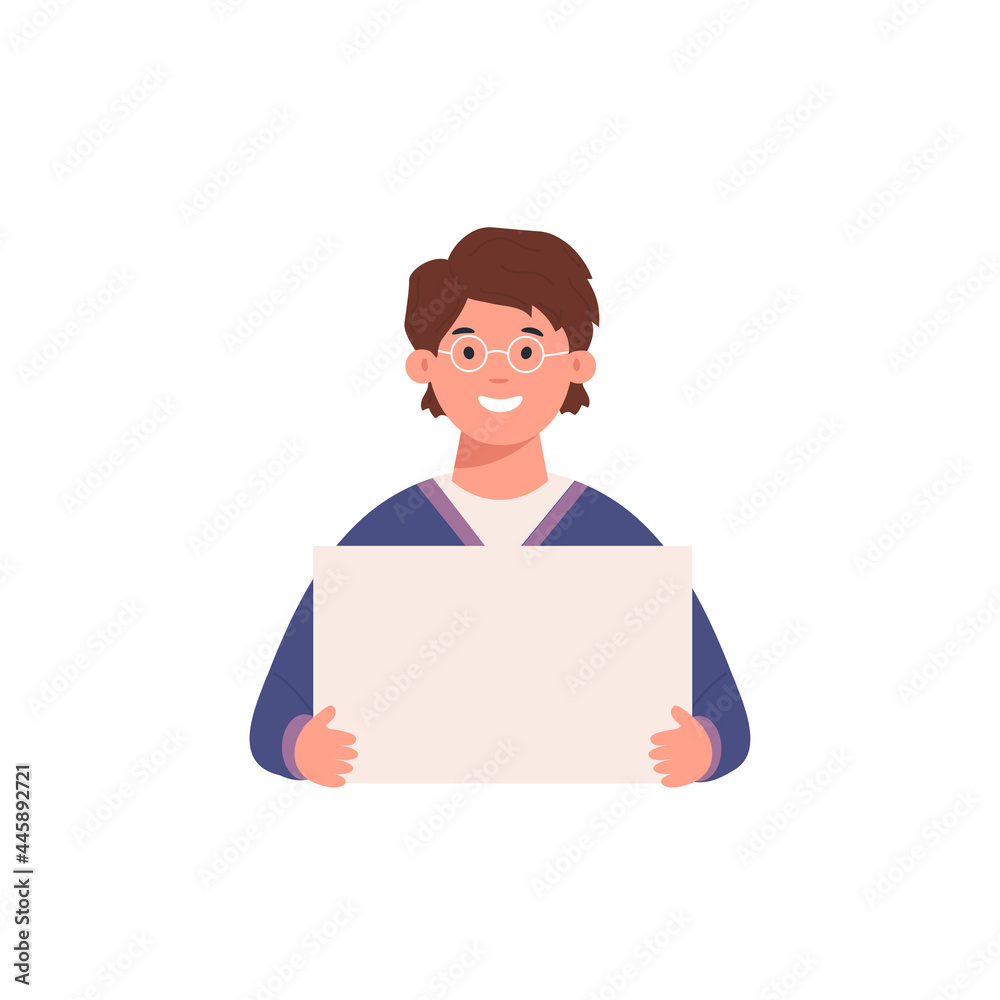 Young man holding showing displaying white blank board banner poster with copyspace area for your text or slogan.Vector design illustrations for advertising, promotion, blank paper.