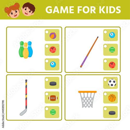 Educational worksheet for children. Choose the right ball for your sports equipment. Logic puzzle game