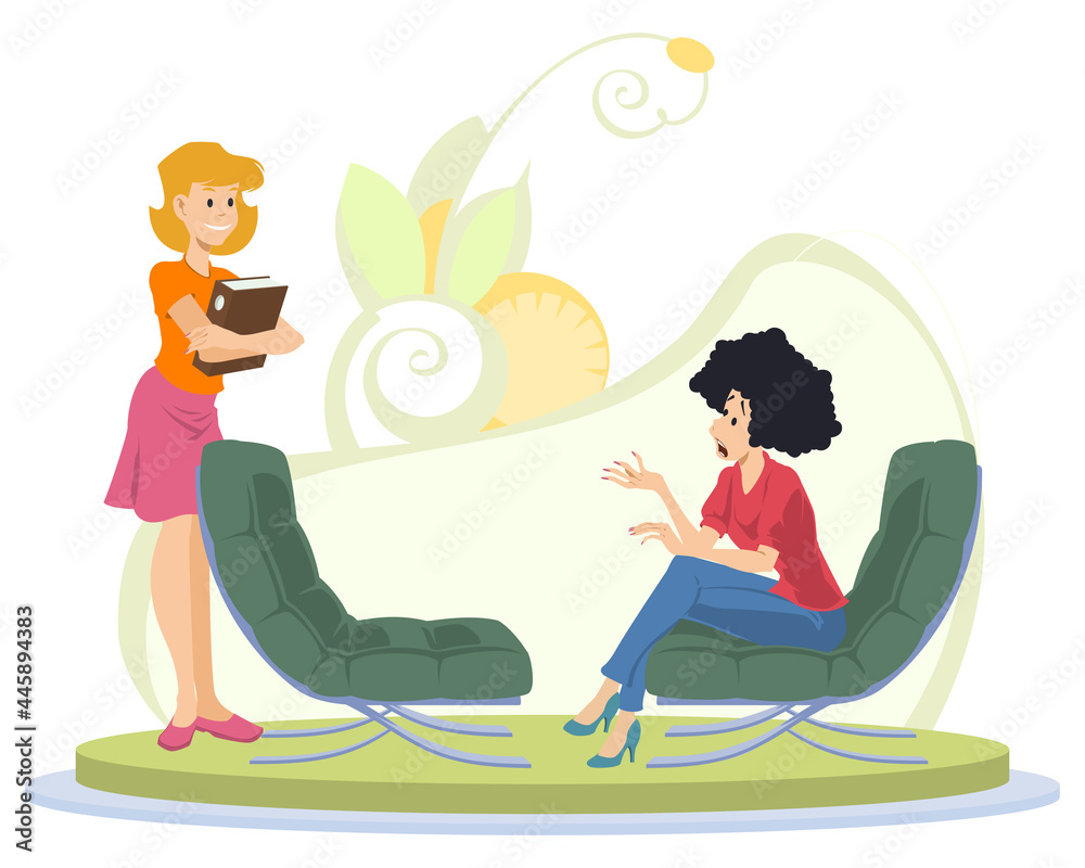 Two cheerful girlfriend. Girl brags her successes. Illustration for internet and mobile website.