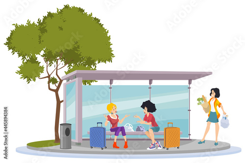 Two cheerful girlfriend. Lost tourists. Illustration for internet and mobile website.