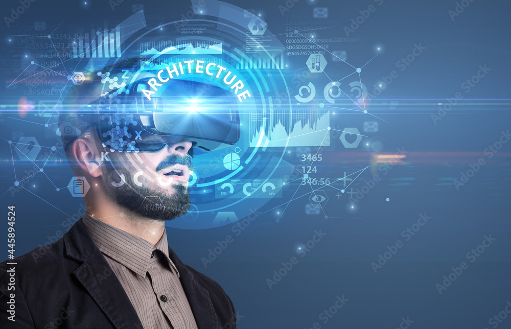 Businessman looking through VR glasses Businessman looking through VR glasses