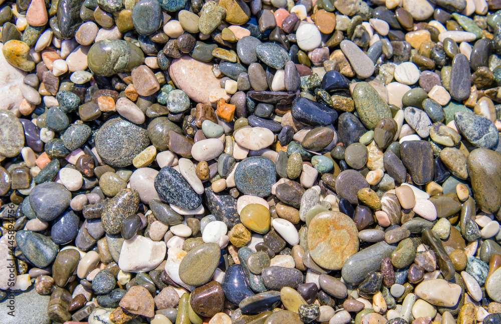 multi-colored pebbles on the beach. Wet stones, natural background, top view. multi-colored pebbles on the beach. Wet stones, natural background, top view.
