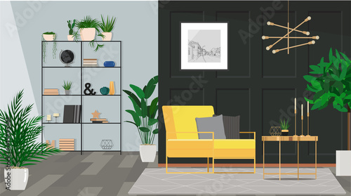 Interior with character in dark colors with a yellow armchair.
