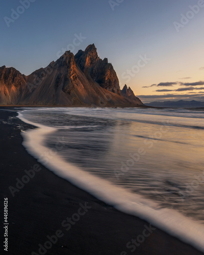 Sunrise at the black sand beach Stokksnes - Island