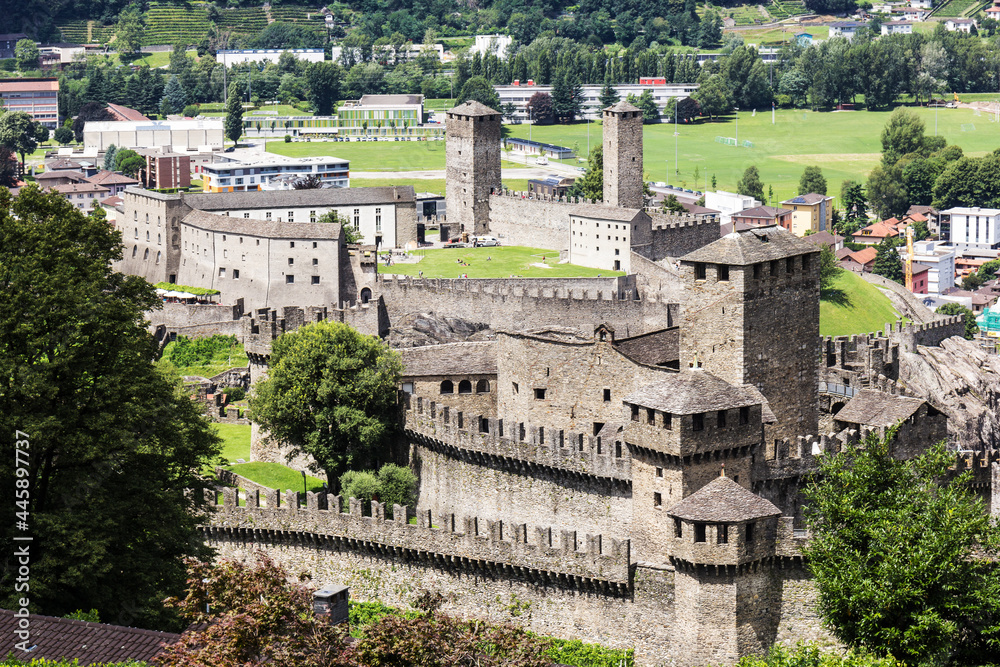 Castles of Montebello with Castelgrande behind, unesco heritage site, Bellinzona, Switzerland
