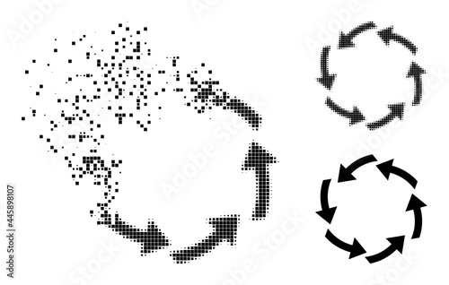 Burst dotted circulation glyph with wind effect, and halftone vector image. Pixelated disappearing effect for circulation gives speed and motion of cyberspace objects.