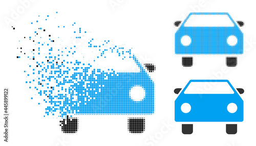 Fractured pixelated car glyph with wind effect, and halftone vector icon. Pixelated transformation effect for car gives speed and movement of cyberspace abstractions.