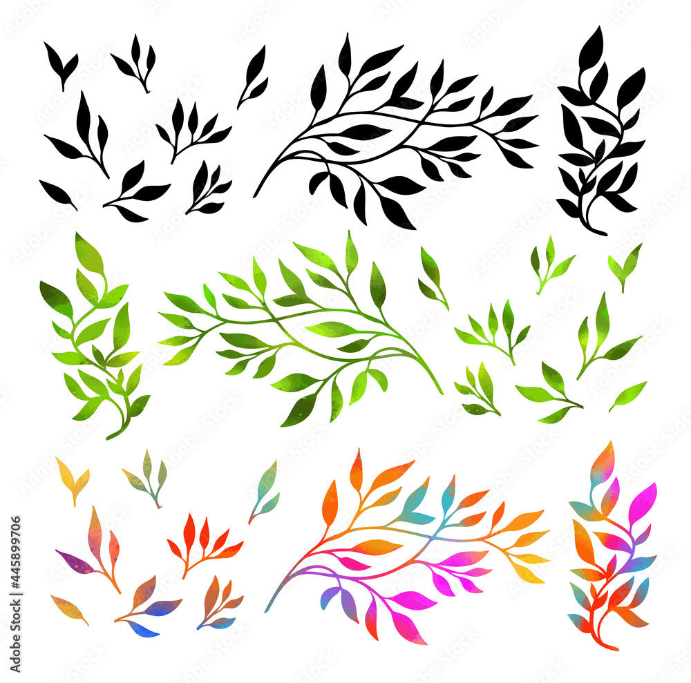 The object is a graceful multicolored twig with leaves. Set of rainbow beautiful twigs. Mixed media. Vector illustration The object is a graceful multicolored twig with leaves. Set of rainbow beautiful twigs. Mixed media. Vector illustration
