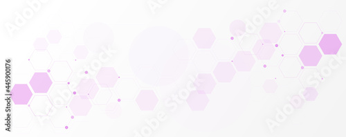 Geometric abstract background with pink hexagons. Structure molecule and communication. Science, technology and medical concept. Vector illustration