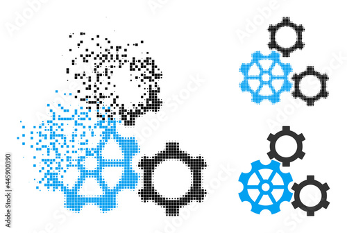 Dissipated dotted gears glyph with wind effect, and halftone vector composition. Pixel creation effect for gears gives speed and motion of cyberspace matter.