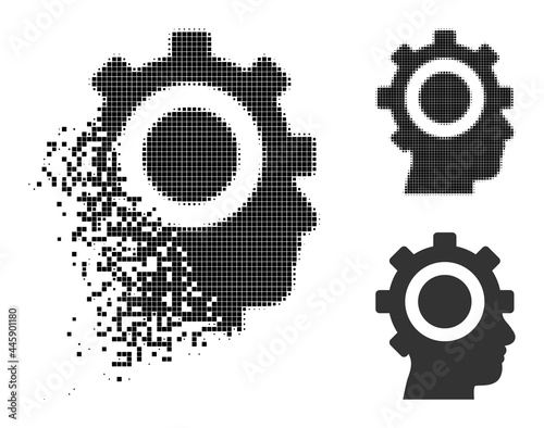 Disintegrating dotted cyborg gear pictogram with wind effect, and halftone vector pictogram. Pixelated degradation effect for cyborg gear demonstrates speed and motion of cyberspace items.