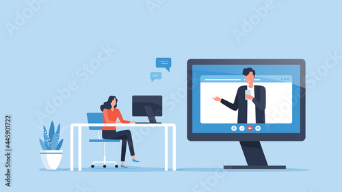 flat illustration online job interview design concept and Business team working meeting online with technology remote connection concept