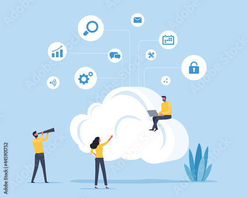 flat illustration design technology cloud connection network concept with developer team working 