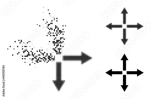 Decomposed dotted expand arrows pictogram with wind effect, and halftone vector pictogram. Pixel dissipating effect for expand arrows gives speed and motion of cyberspace things.