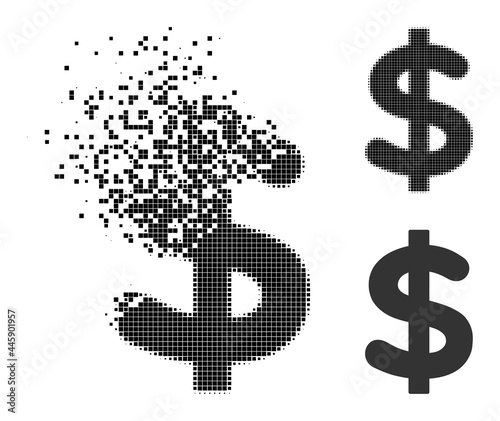 Decomposed pixelated dollar icon with destruction effect, and halftone vector icon. Pixelated dissipation effect for dollar shows speed and motion of cyberspace abstractions.