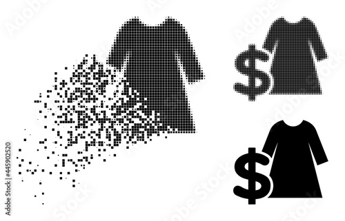 Dispersed dot dress price pictogram with destruction effect, and halftone vector image. Pixel destruction effect for dress price reproduces speed and motion of cyberspace items.