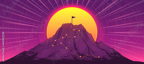 Climbing path to mountain peak. Journey route, sucess flag on top and goal reach vector illustration photo